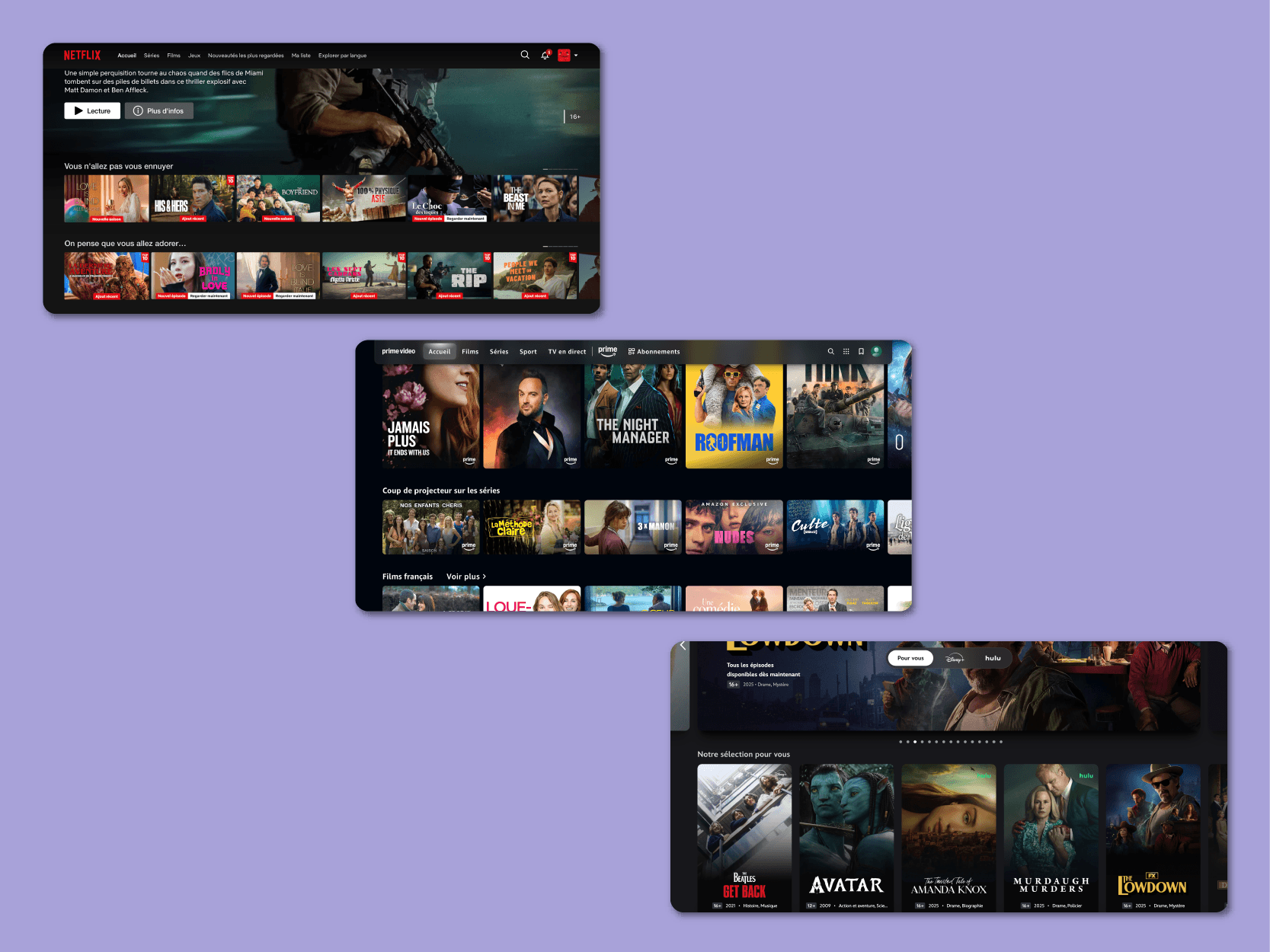 A collage of the homepages of three VOD services